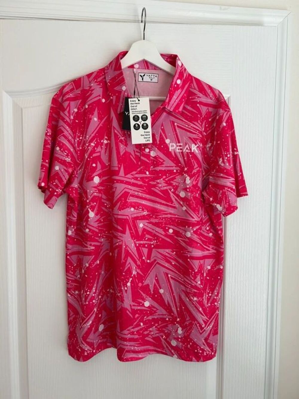 New Men Yatta Golf M POW Pink Polo Abstract Vibrant Stretch Performance Soft NWT